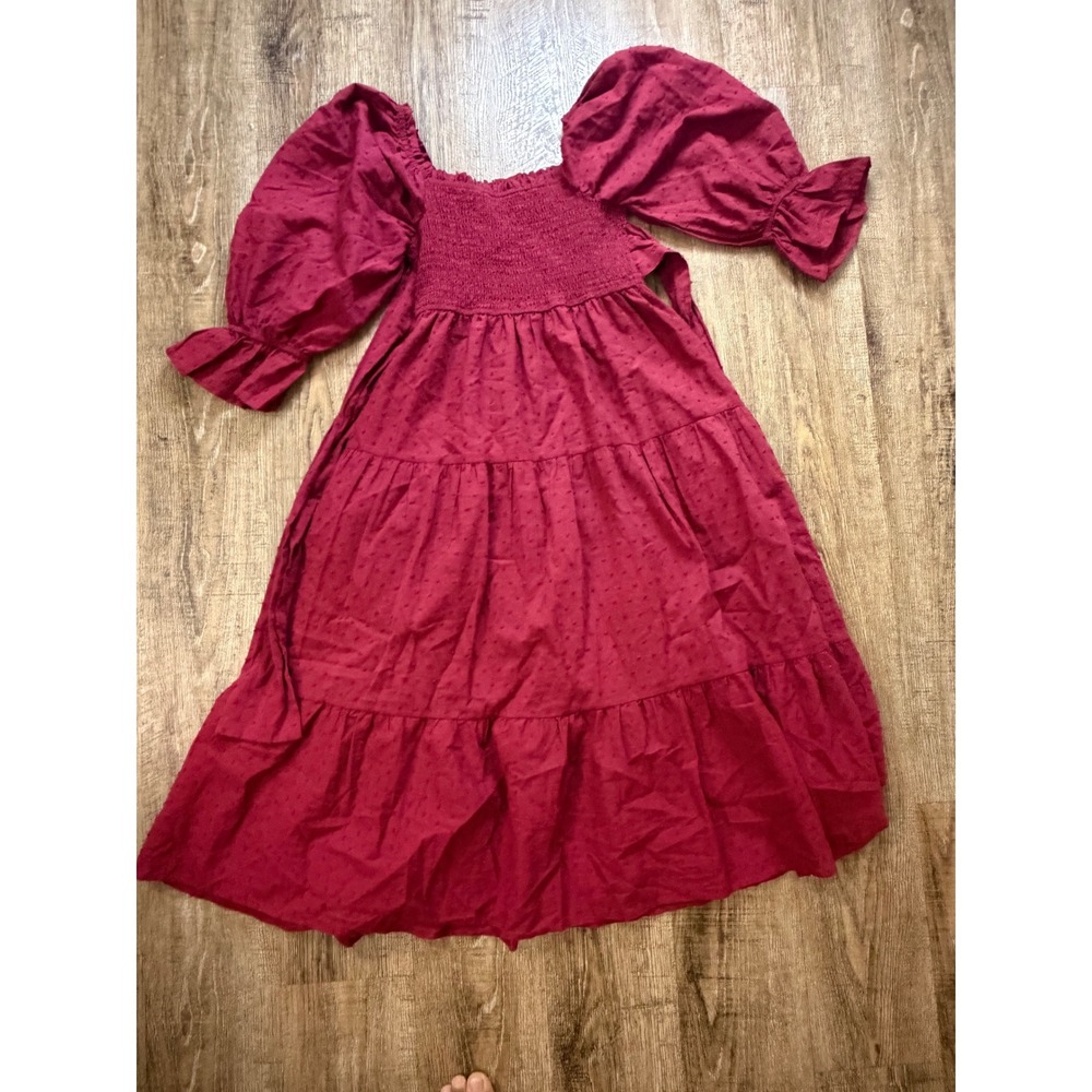 R.Vivimos Burgundy Red Swiss Dot Smocked Puff Sleeve Tiered Midi Dress NW Size S